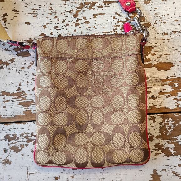 Coach crossbody purse bag brown logo print & hot pink 9" x 7" - Picture 4 of 7
